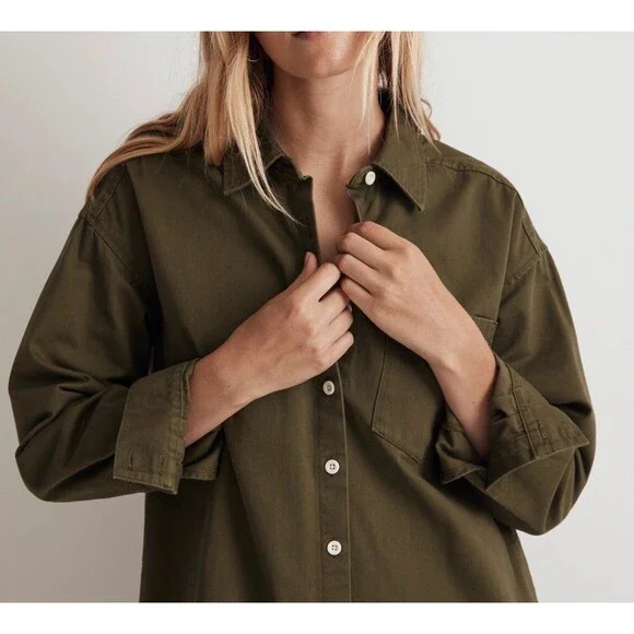 MADEWELL Mini Shirtdress Loden Olive Green 100% Cotton Button Up Boho Casual XS - Picture 2 of 9